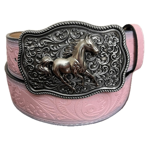 Accessories - Country Girl western belt pink embossed faux leather retro horse buckle